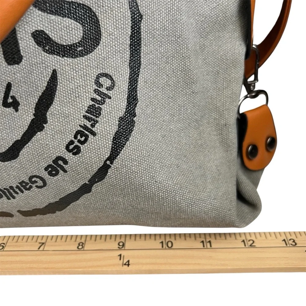 Paris Graphic Canvas Crossbody Tote Bag Gray Cognac Travel Messenger Purse